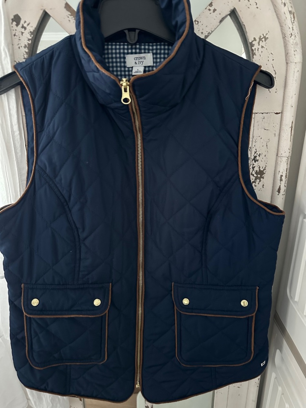 crown & ivy Quilted Navy Vest with Brown Trim and Gold Hardware